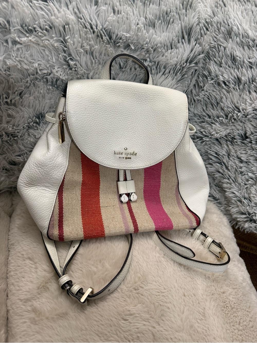 kate spade White Leather Backpack with Multicolor Stripe Panel